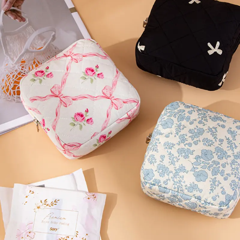Bowknot Cosmetic Pouch Floral Print Travel Cute Makeup Bag Mini Portable Storage Bag For Sanitary Items Elegant Card Zero Wallet