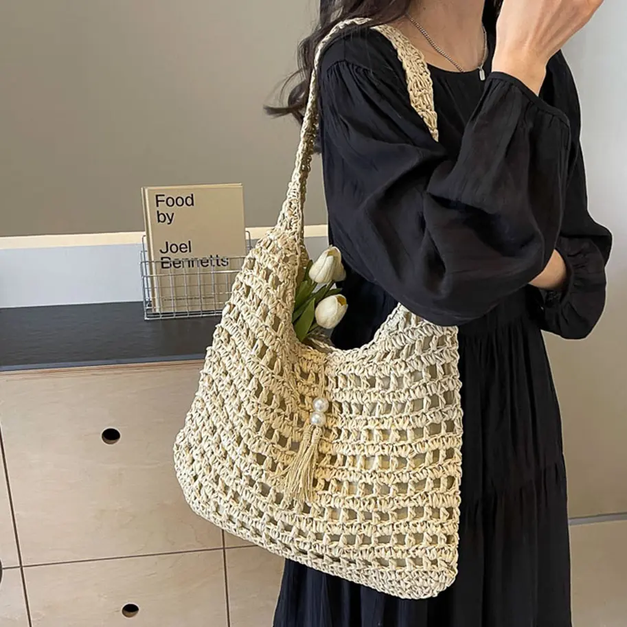 Handwoven Tote Large Capacity Shoulder Bag Women's Straw Woven Beach Bag with Tassels 2024 Summer Hollow Out Design Underarm Bag