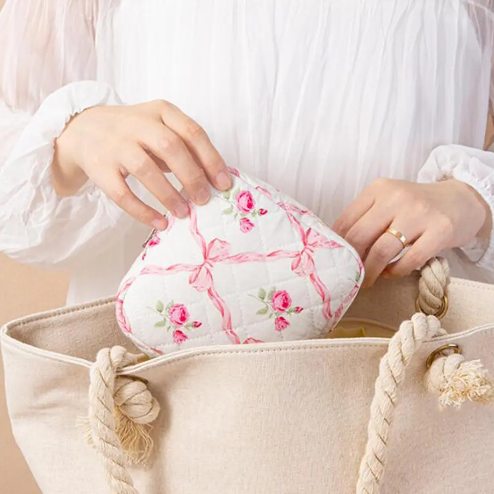 Bowknot Cosmetic Pouch Floral Print Travel Cute Makeup Bag Mini Portable Storage Bag For Sanitary Items Elegant Card Zero Wallet
