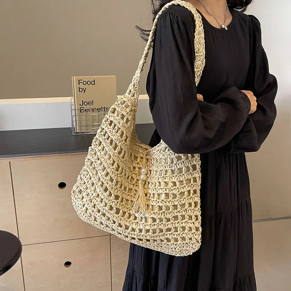 Handwoven Tote Large Capacity Shoulder Bag Women's Straw Woven Beach Bag with Tassels 2024 Summer Hollow Out Design Underarm Bag