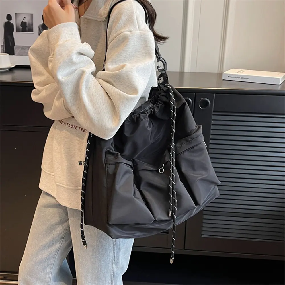 2023 Unisex Black Drawstring Tote Bag New Oxford Cloth Versatile Crossbody Bag Lage Capacity Casual Handbag Fashion Shoulder Bag