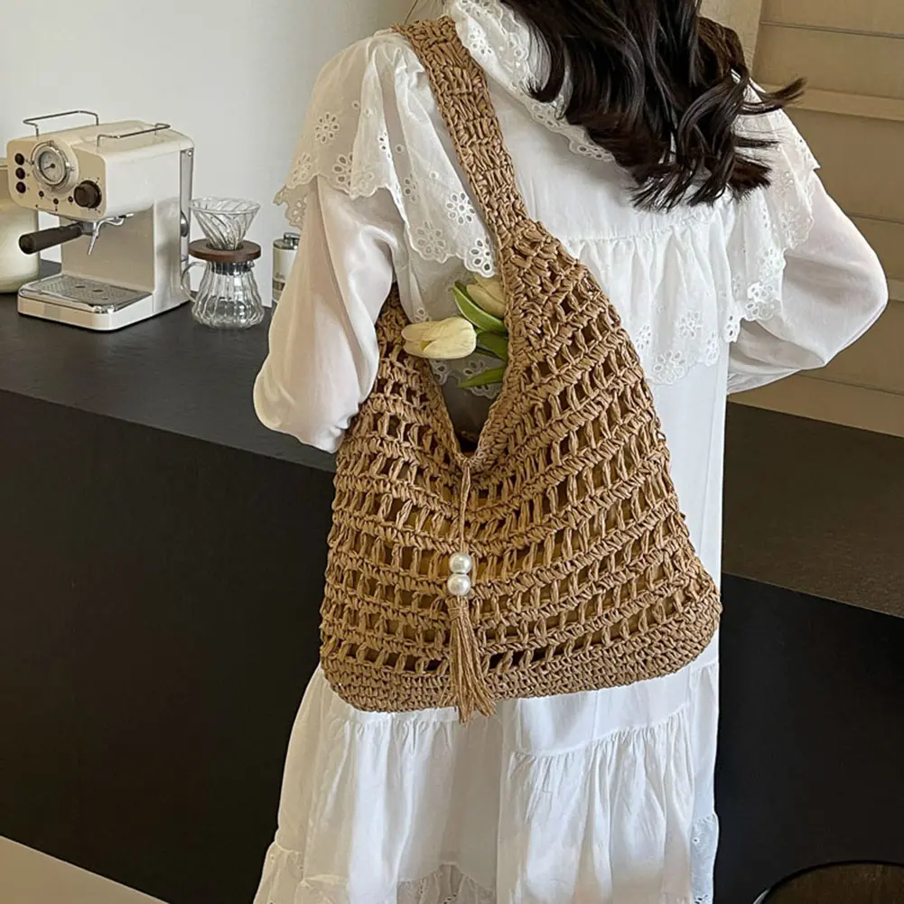 Handwoven Tote Large Capacity Shoulder Bag Women's Straw Woven Beach Bag with Tassels 2024 Summer Hollow Out Design Underarm Bag