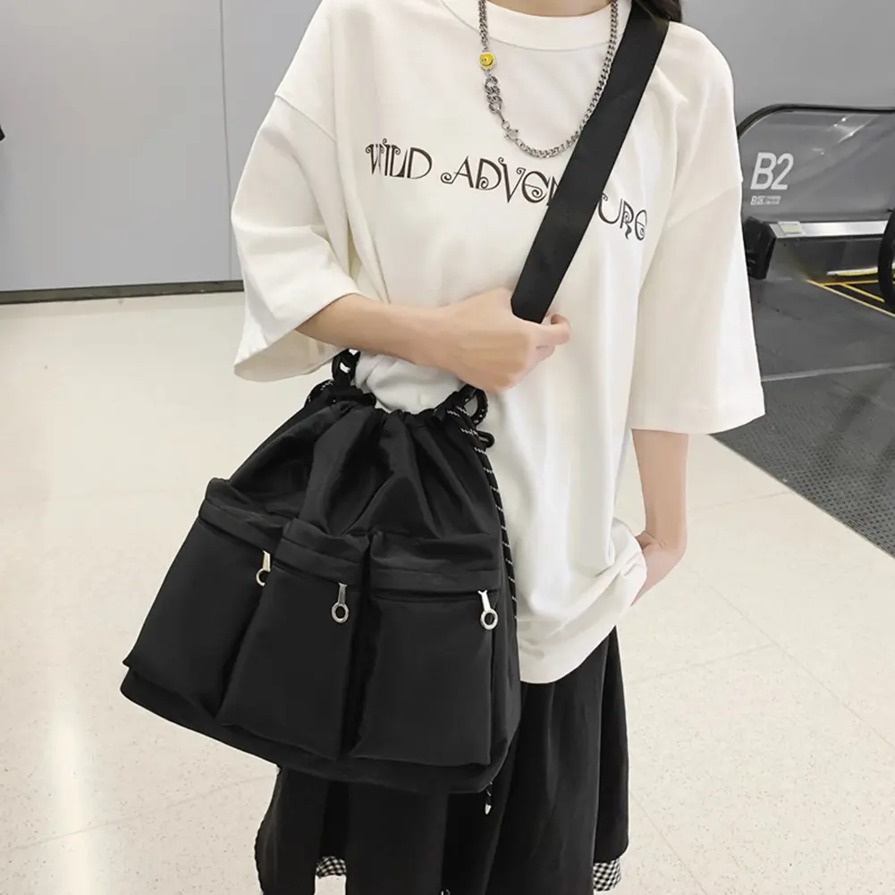 2023 Unisex Black Drawstring Tote Bag New Oxford Cloth Versatile Crossbody Bag Lage Capacity Casual Handbag Fashion Shoulder Bag