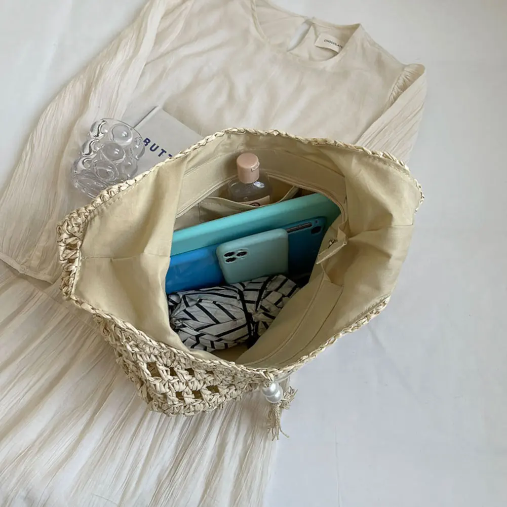 Handwoven Tote Large Capacity Shoulder Bag Women's Straw Woven Beach Bag with Tassels 2024 Summer Hollow Out Design Underarm Bag