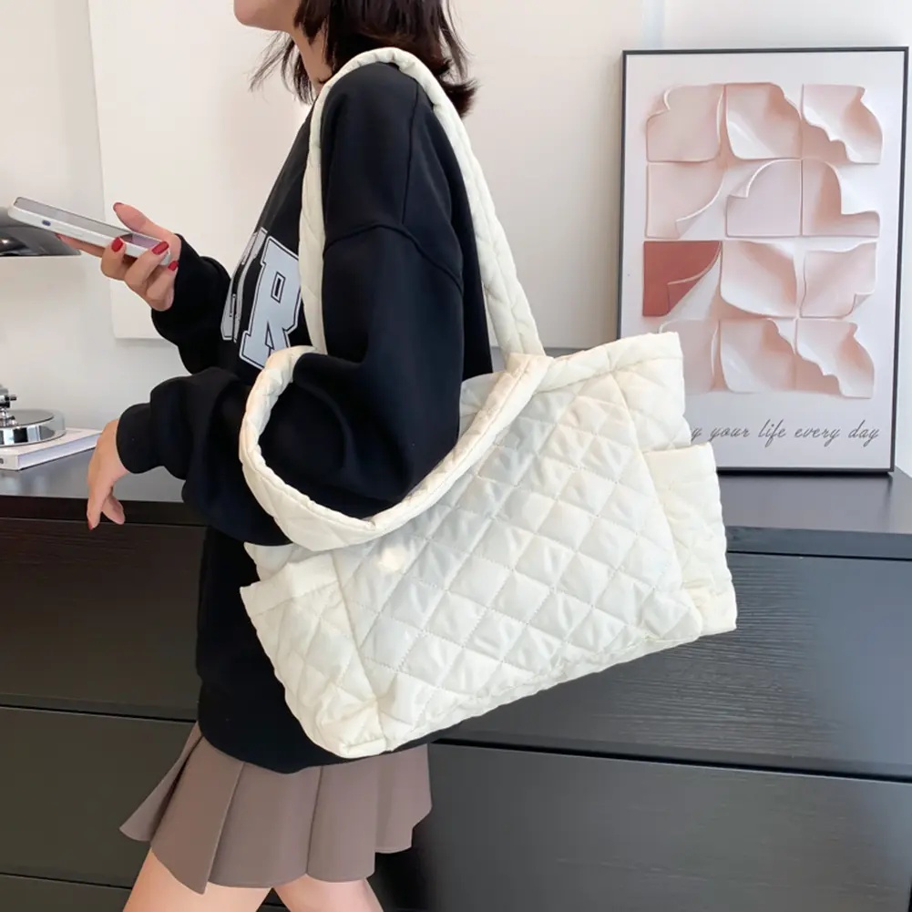 Cotton Padded Underarm Bags Autumn Winter Women's Handbags Rhombus Pattern Travel Shoulder Bags Large Capacity Zipper Totes Bags