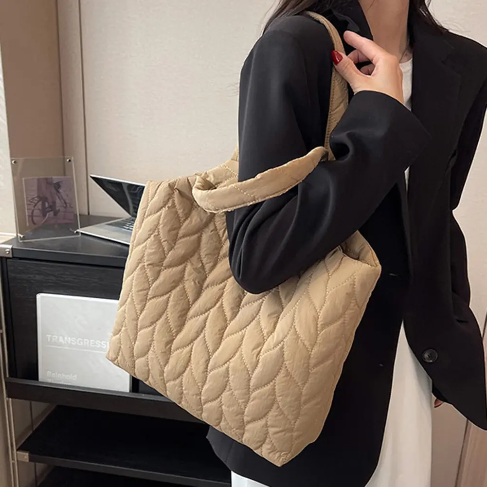 Fashion Elegant Casual Hand Bags Embroidery Thread Quilted Top-handle Bag Large Capacity Soft Cotton-Padded Shopper Bag