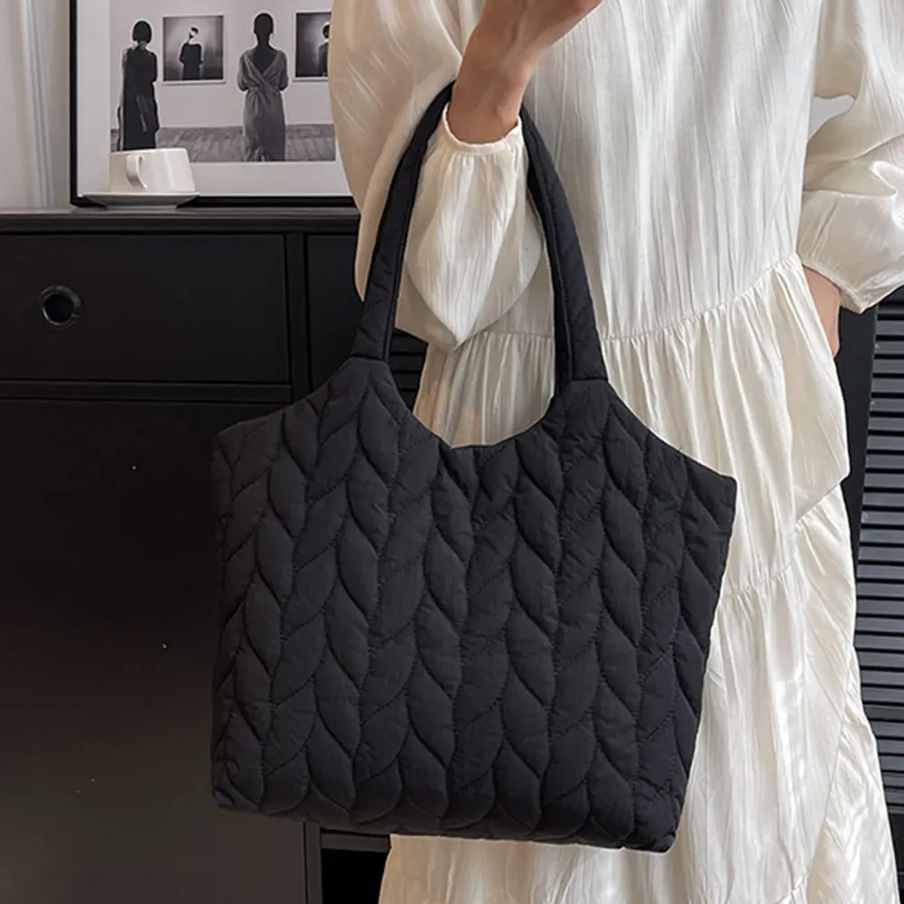 Fashion Elegant Casual Hand Bags Embroidery Thread Quilted Top-handle Bag Large Capacity Soft Cotton-Padded Shopper Bag