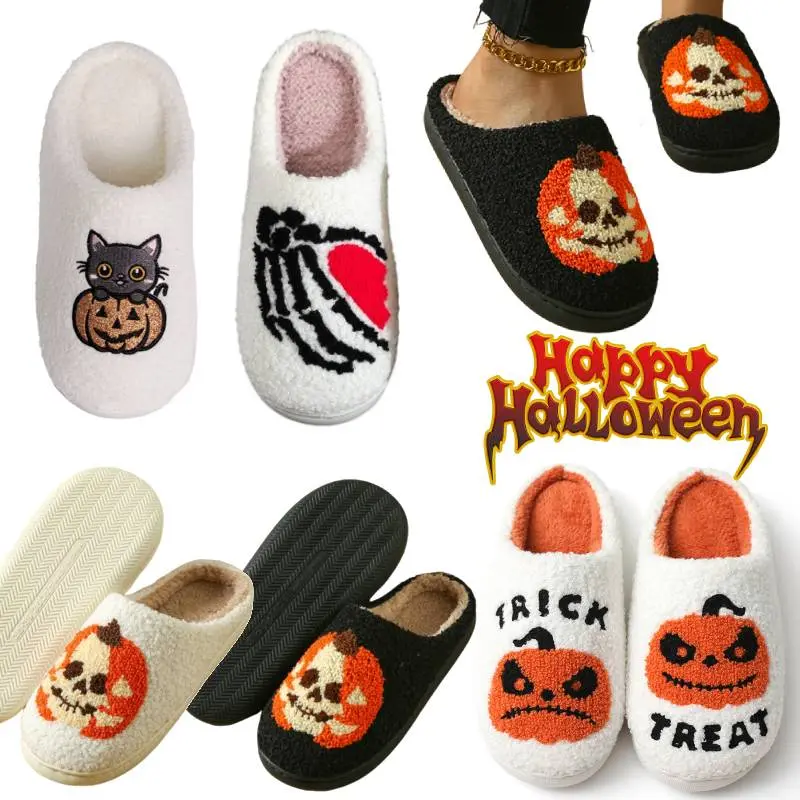 Halloween Pumpkin Cotton Slippers Winter Soft Home Flat Shoes Non-Slip Soft Plush Skeleton Fuzzy Slippers Ghost Warm Slippers