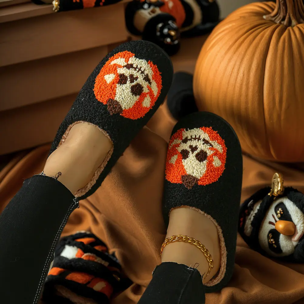 Halloween Pumpkin Cotton Slippers Winter Soft Home Flat Shoes Non-Slip Soft Plush Skeleton Fuzzy Slippers Ghost Warm Slippers