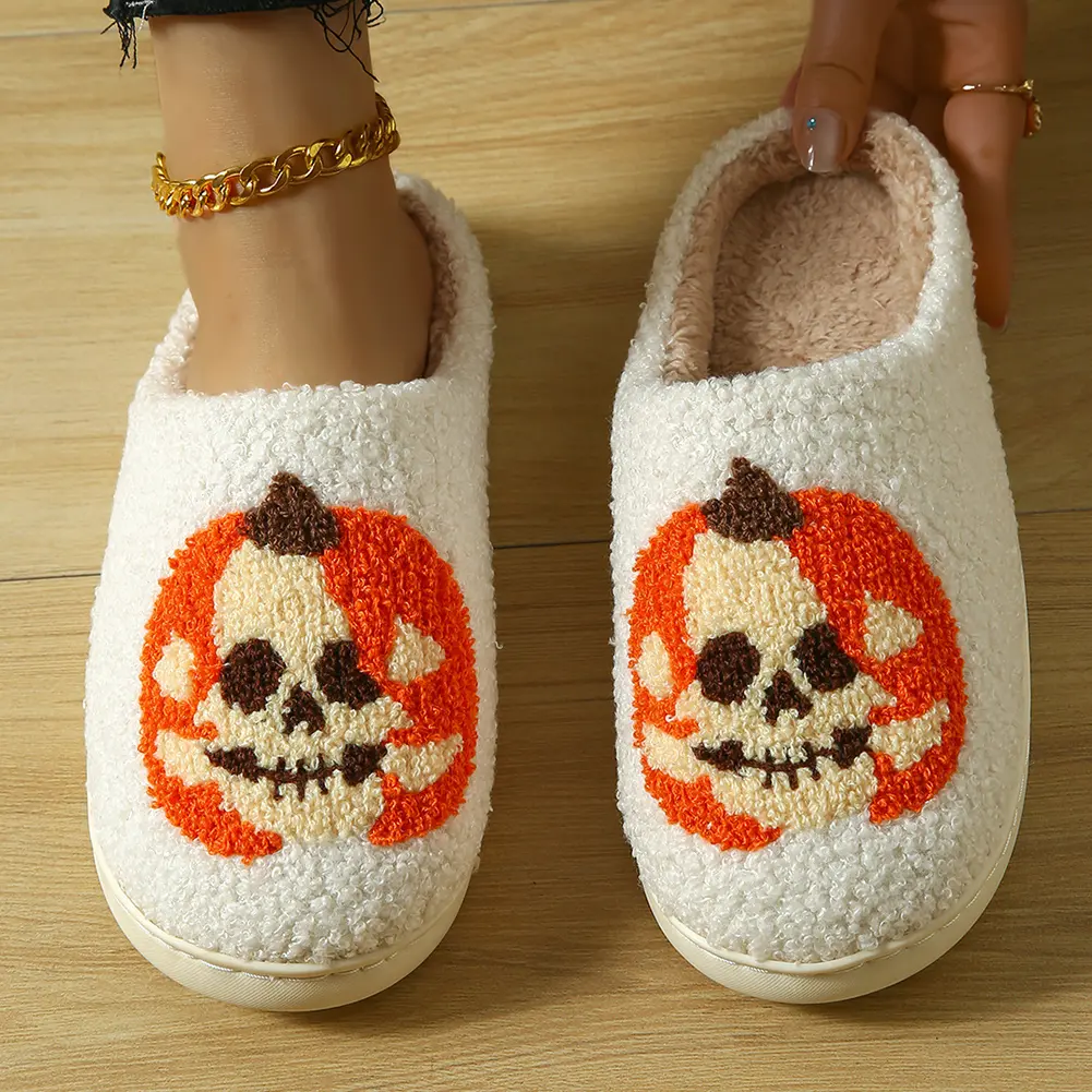 Halloween Pumpkin Cotton Slippers Winter Soft Home Flat Shoes Non-Slip Soft Plush Skeleton Fuzzy Slippers Ghost Warm Slippers