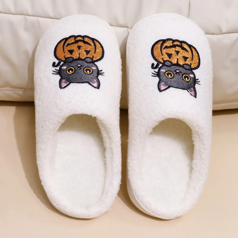 Halloween Pumpkin Cotton Slippers Winter Soft Home Flat Shoes Non-Slip Soft Plush Skeleton Fuzzy Slippers Ghost Warm Slippers