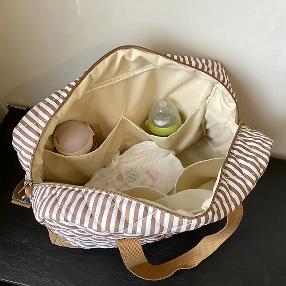 Large Capacity Quilted Striped Diaper Bag Adjustable Strap Maternity Bags Travel Storage Bag Ladies Tote Handbag Soft Mommy Bags