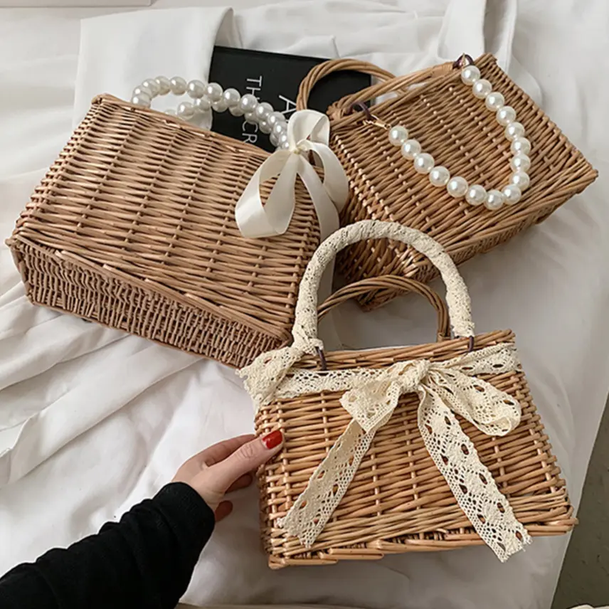 Novelty Rattan Woven Women Small Handbag 2024 Retro Hand-Woven Top-Handle Bag Summer Fashion Weaving Pearl Chain Square Tote Bag