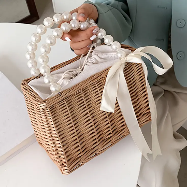 Novelty Rattan Woven Women Small Handbag 2024 Retro Hand-Woven Top-Handle Bag Summer Fashion Weaving Pearl Chain Square Tote Bag