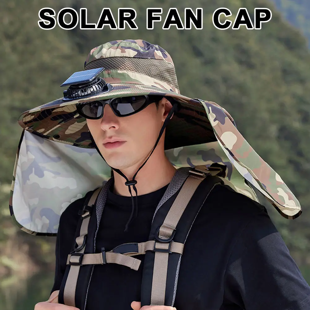 Solar Fan Hat Outdoor Fishing Hat with Neck Flap Quick Dry Fisherman Hat Summer Rechargeable Wide Brim Sun Cap Camping Hiking
