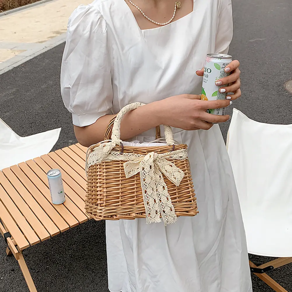 Novelty Rattan Woven Women Small Handbag 2024 Retro Hand-Woven Top-Handle Bag Summer Fashion Weaving Pearl Chain Square Tote Bag