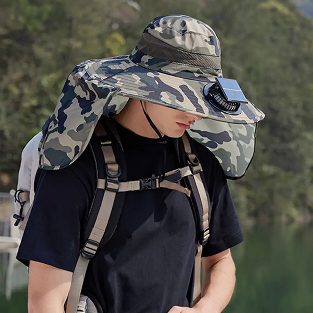 Solar Fan Hat Outdoor Fishing Hat with Neck Flap Quick Dry Fisherman Hat Summer Rechargeable Wide Brim Sun Cap Camping Hiking