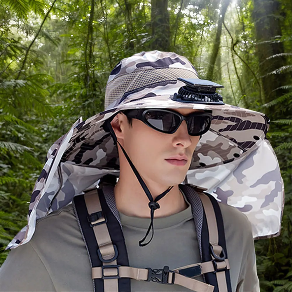 Solar Fan Hat Outdoor Fishing Hat with Neck Flap Quick Dry Fisherman Hat Summer Rechargeable Wide Brim Sun Cap Camping Hiking