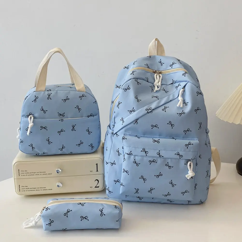 3Pcs Simple Sweet Backpack Set Large Capacity Bow School Bag with Lunch Box and Pencil Case Aesthetic Daypack Teen Girls Bookbag