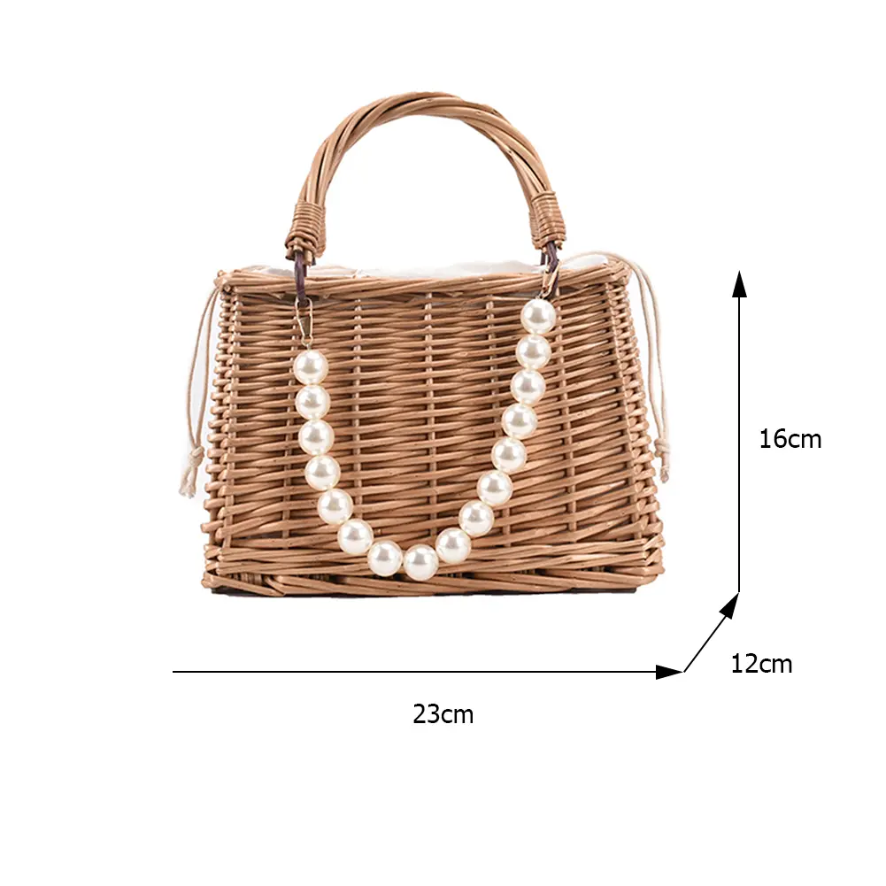 Novelty Rattan Woven Women Small Handbag 2024 Retro Hand-Woven Top-Handle Bag Summer Fashion Weaving Pearl Chain Square Tote Bag