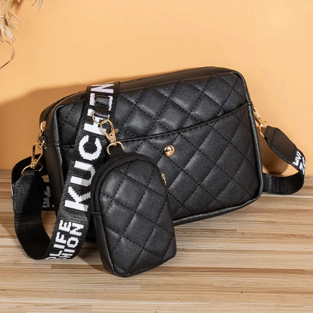 2023 Women Shoulder Bag Quilted Diamond Lattice Bag PU Leather Solid Color Wide Letter Strap Simple Bag with Matching Clutch Set