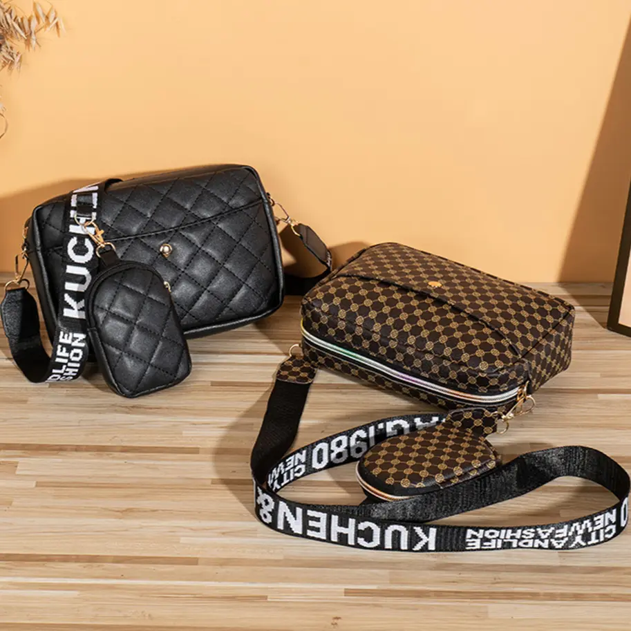 2023 Women Shoulder Bag Quilted Diamond Lattice Bag PU Leather Solid Color Wide Letter Strap Simple Bag with Matching Clutch Set