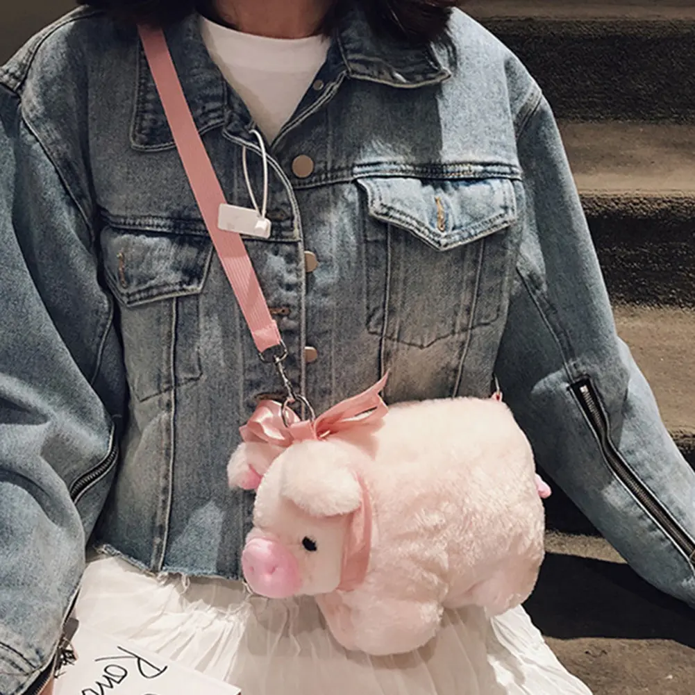 Plush Stuffed Animal Crossbody Bags Lovely Pig Shoulder Bag Women Soft Winter Phone Purse Cartoon Handbags Key Money Storage Bag