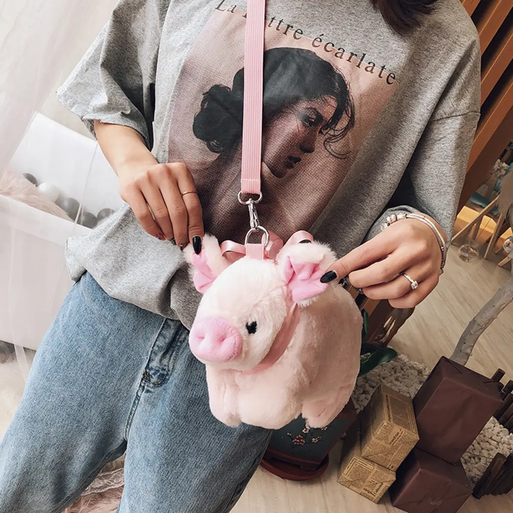 Plush Stuffed Animal Crossbody Bags Lovely Pig Shoulder Bag Women Soft Winter Phone Purse Cartoon Handbags Key Money Storage Bag