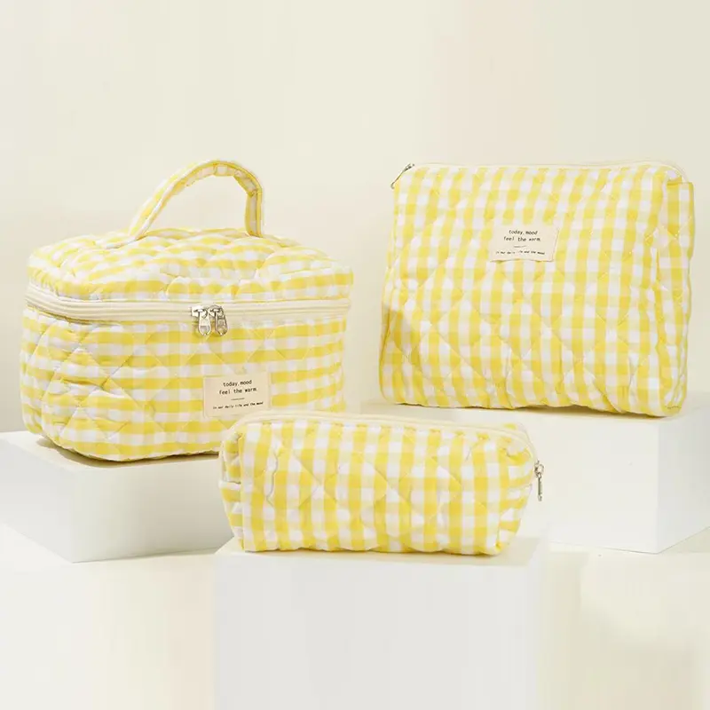 3 Pcs Makeup Bag Set Checkered Cosmetic Bag Large Capacity Travel Toiletry Organizer Bag Quilted Cotton Women Zipper Storage Bag
