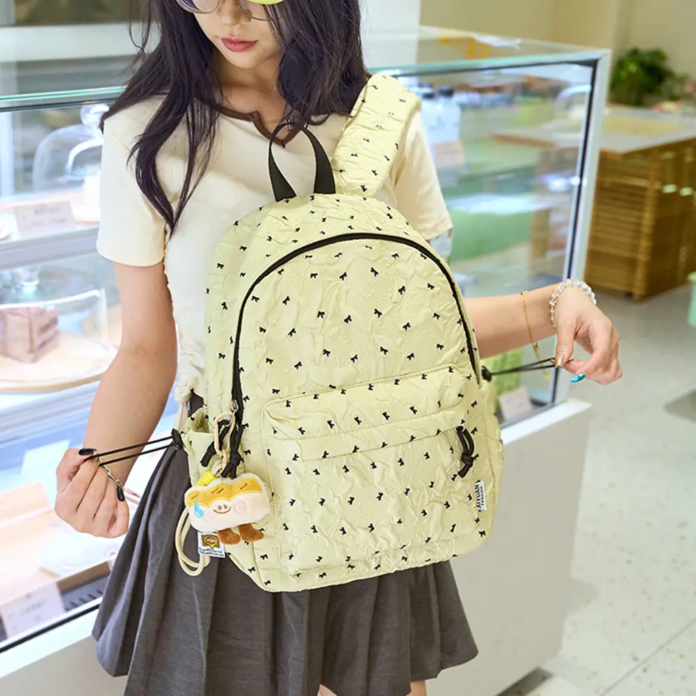 Cute Girls Backpack with Pendant Bow Print Students School Bookbag Nylon Casual Daypack Lightweight Travel Double Shoulders Bag