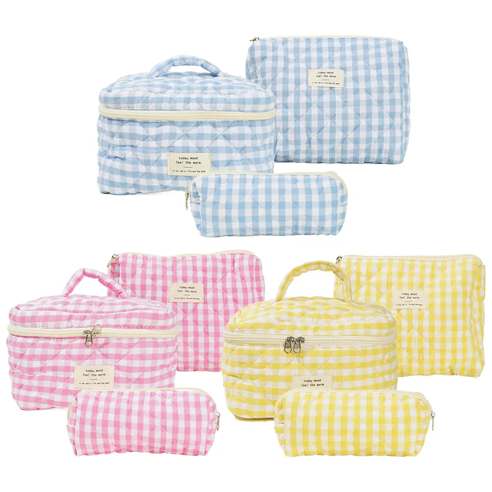 3 Pcs Makeup Bag Set Checkered Cosmetic Bag Large Capacity Travel Toiletry Organizer Bag Quilted Cotton Women Zipper Storage Bag