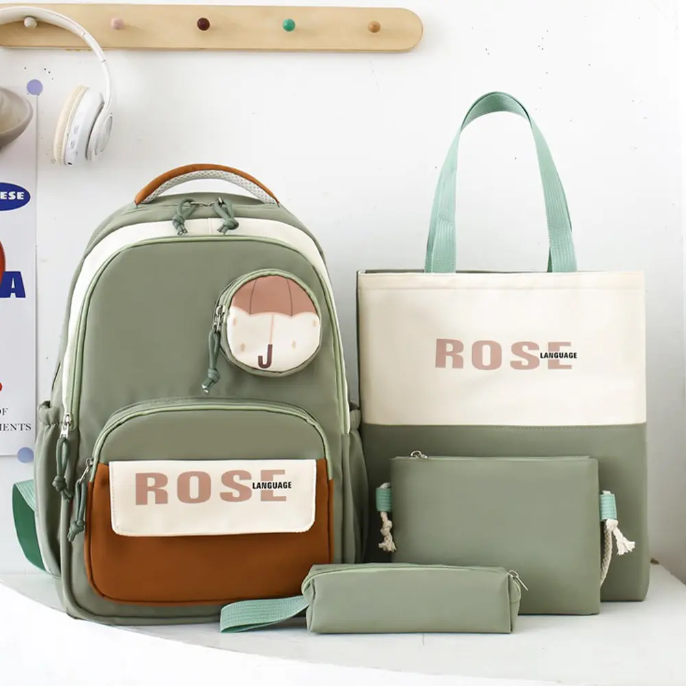 4Pcs Trendy Laptop Bag with Pencil Case&Small Bag Letter Printed Backpack Large Capacity Lightweight Schoolbag Travel Backpack