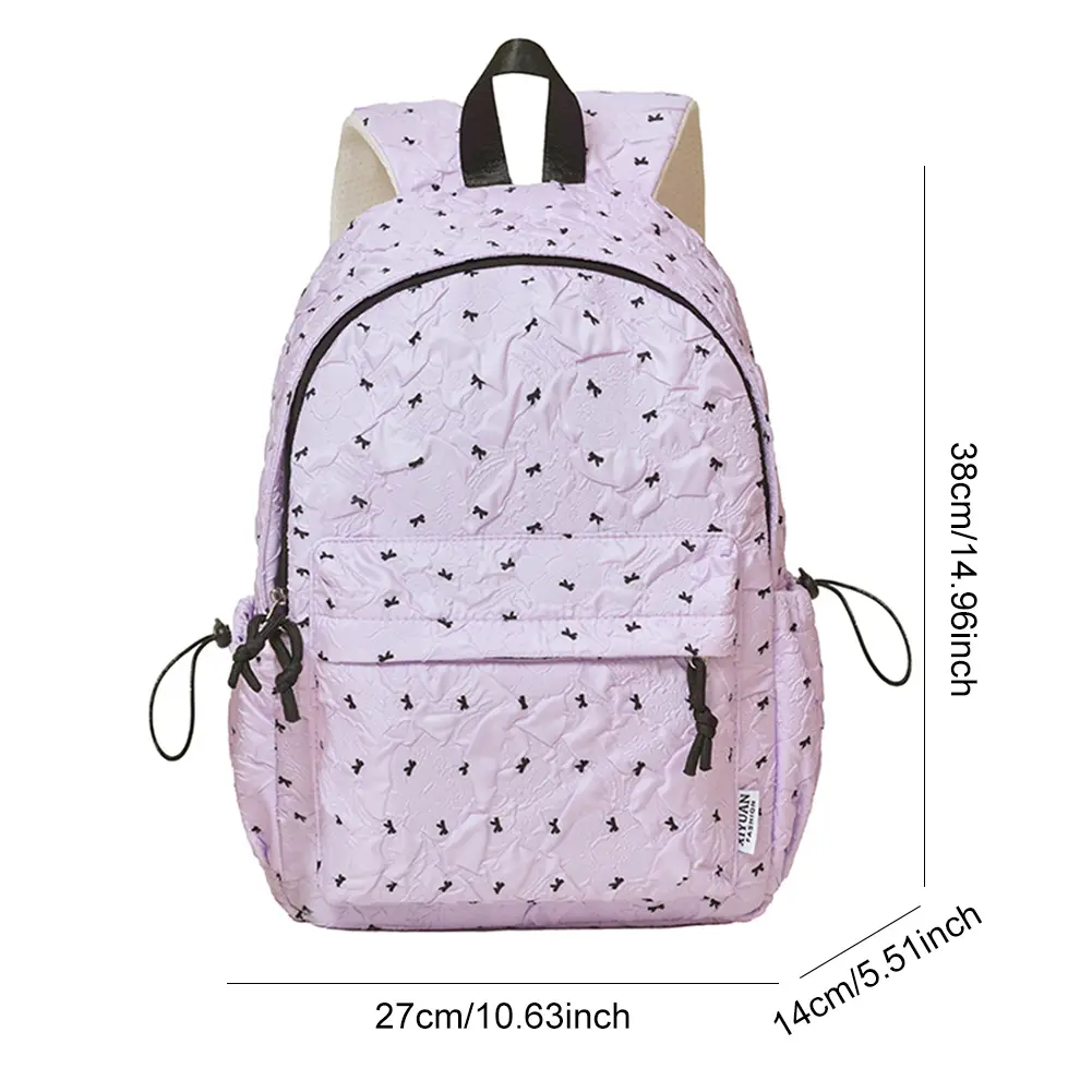 Cute Girls Backpack with Pendant Bow Print Students School Bookbag Nylon Casual Daypack Lightweight Travel Double Shoulders Bag