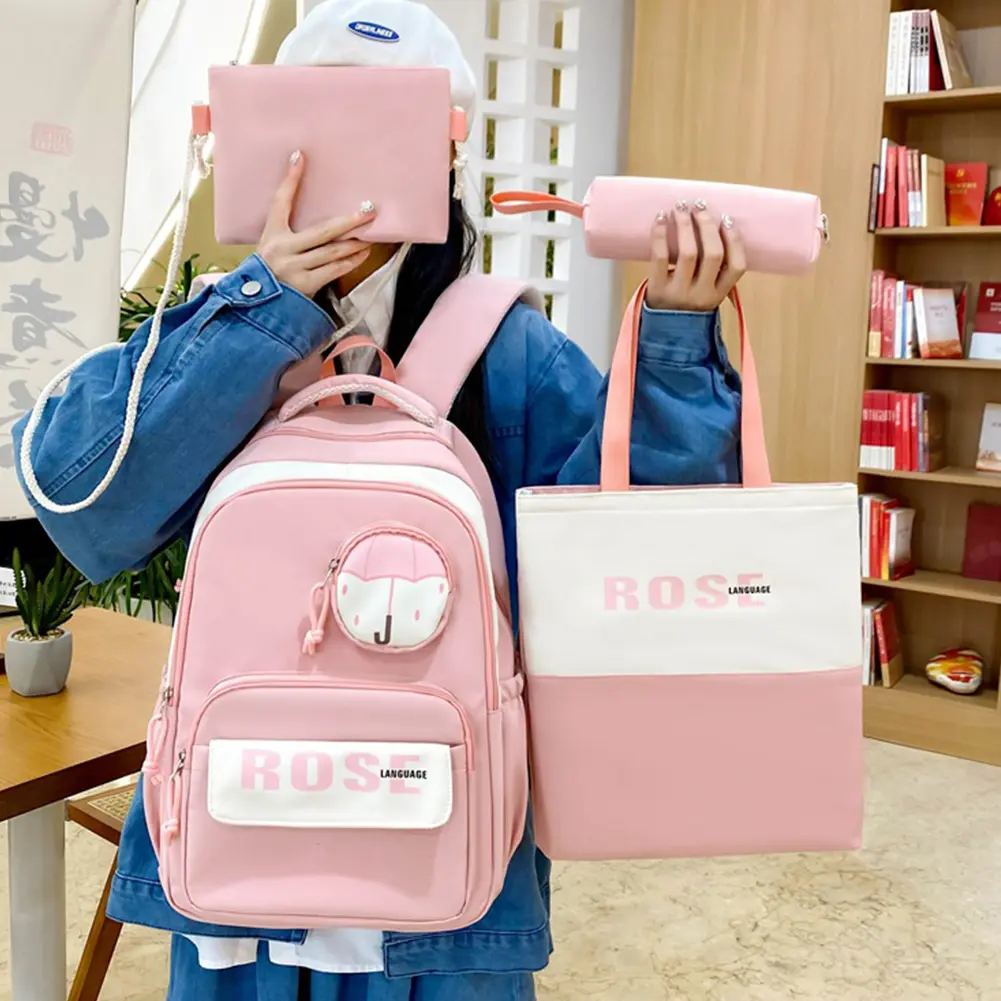 4Pcs Trendy Laptop Bag with Pencil Case&Small Bag Letter Printed Backpack Large Capacity Lightweight Schoolbag Travel Backpack