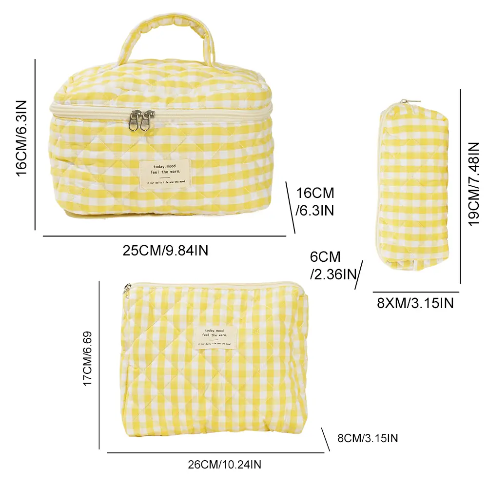 3 Pcs Makeup Bag Set Checkered Cosmetic Bag Large Capacity Travel Toiletry Organizer Bag Quilted Cotton Women Zipper Storage Bag
