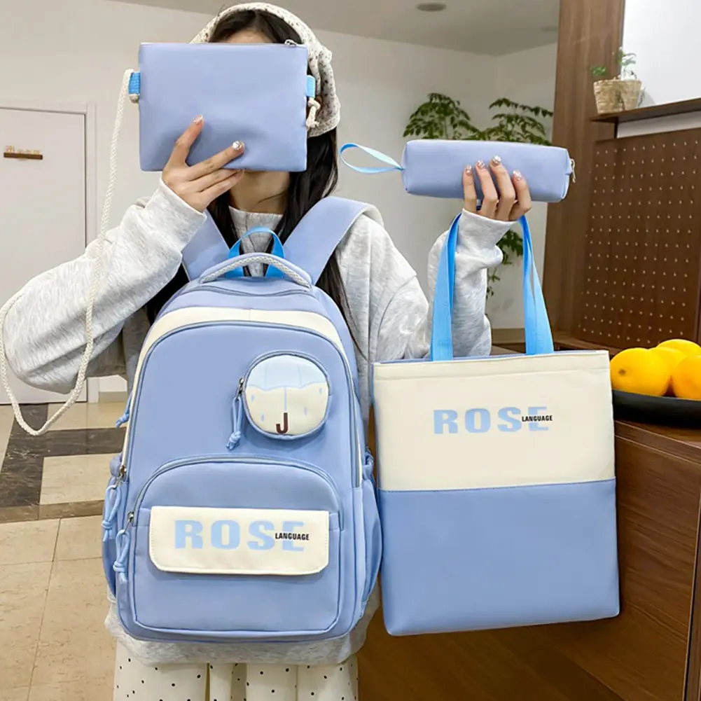 4Pcs Trendy Laptop Bag with Pencil Case&Small Bag Letter Printed Backpack Large Capacity Lightweight Schoolbag Travel Backpack
