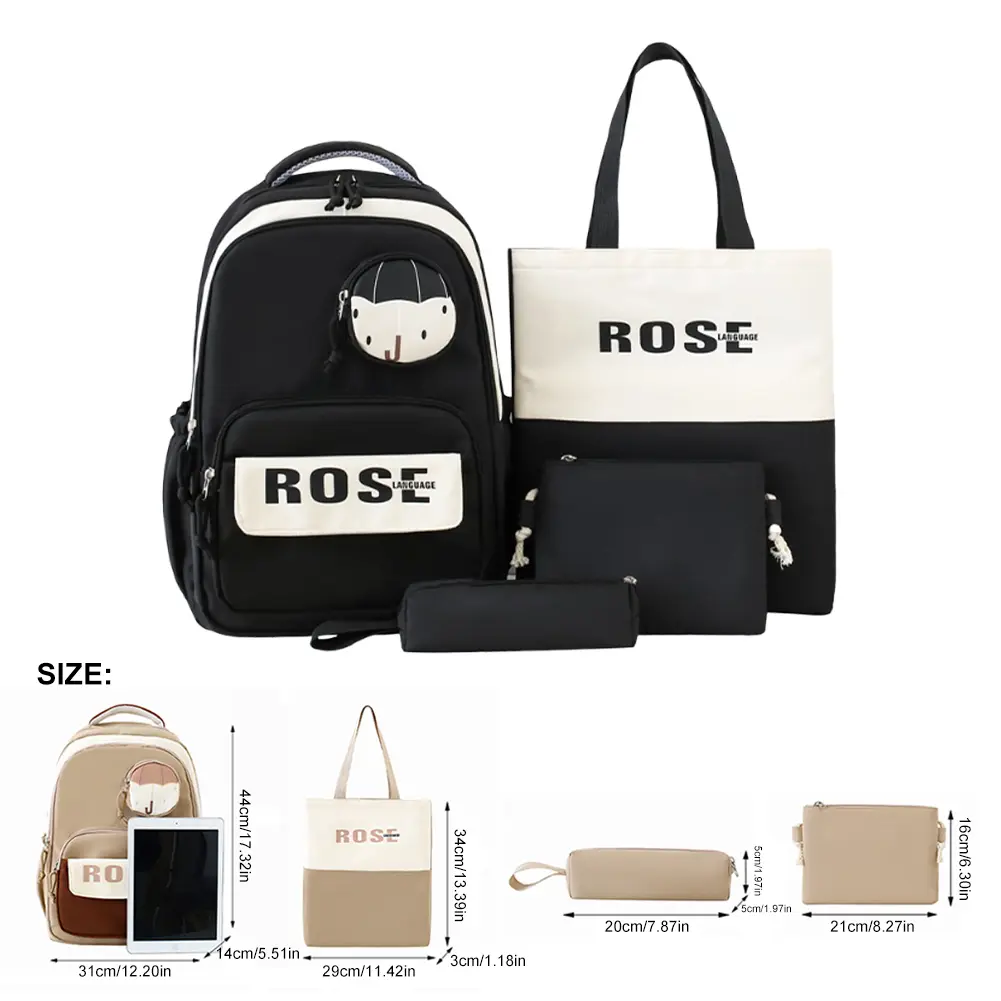 4Pcs Trendy Laptop Bag with Pencil Case&Small Bag Letter Printed Backpack Large Capacity Lightweight Schoolbag Travel Backpack