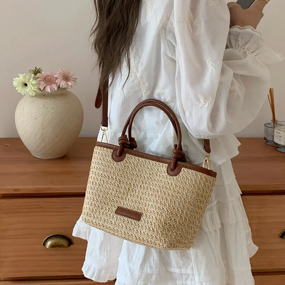 Women Straw Beach Shoulder Bag Wear Resist Hand Woven Sling Bag Casual Handbag Ladies Travel Shopping Work Date Crossbody Bag