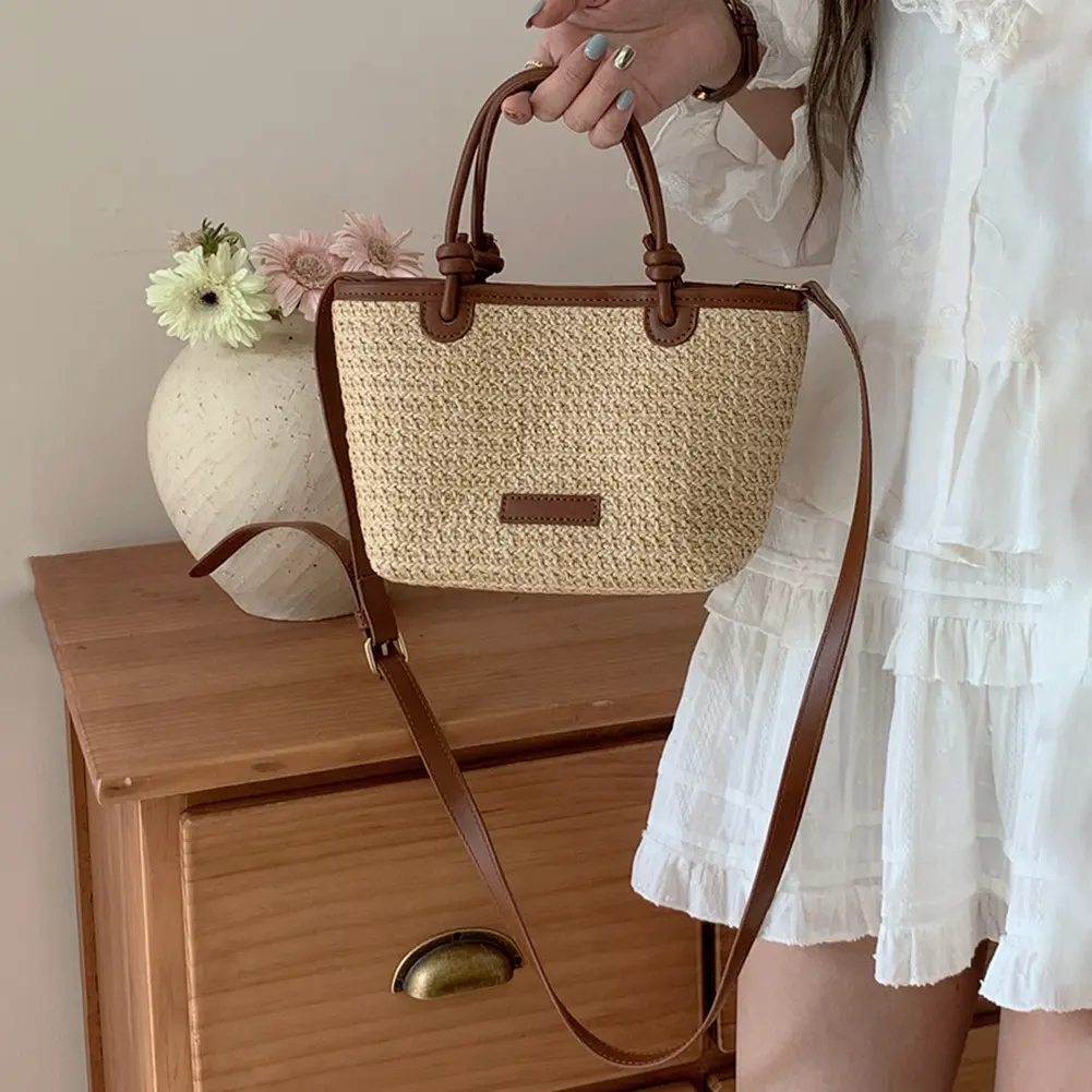 Women Straw Beach Shoulder Bag Wear Resist Hand Woven Sling Bag Casual Handbag Ladies Travel Shopping Work Date Crossbody Bag