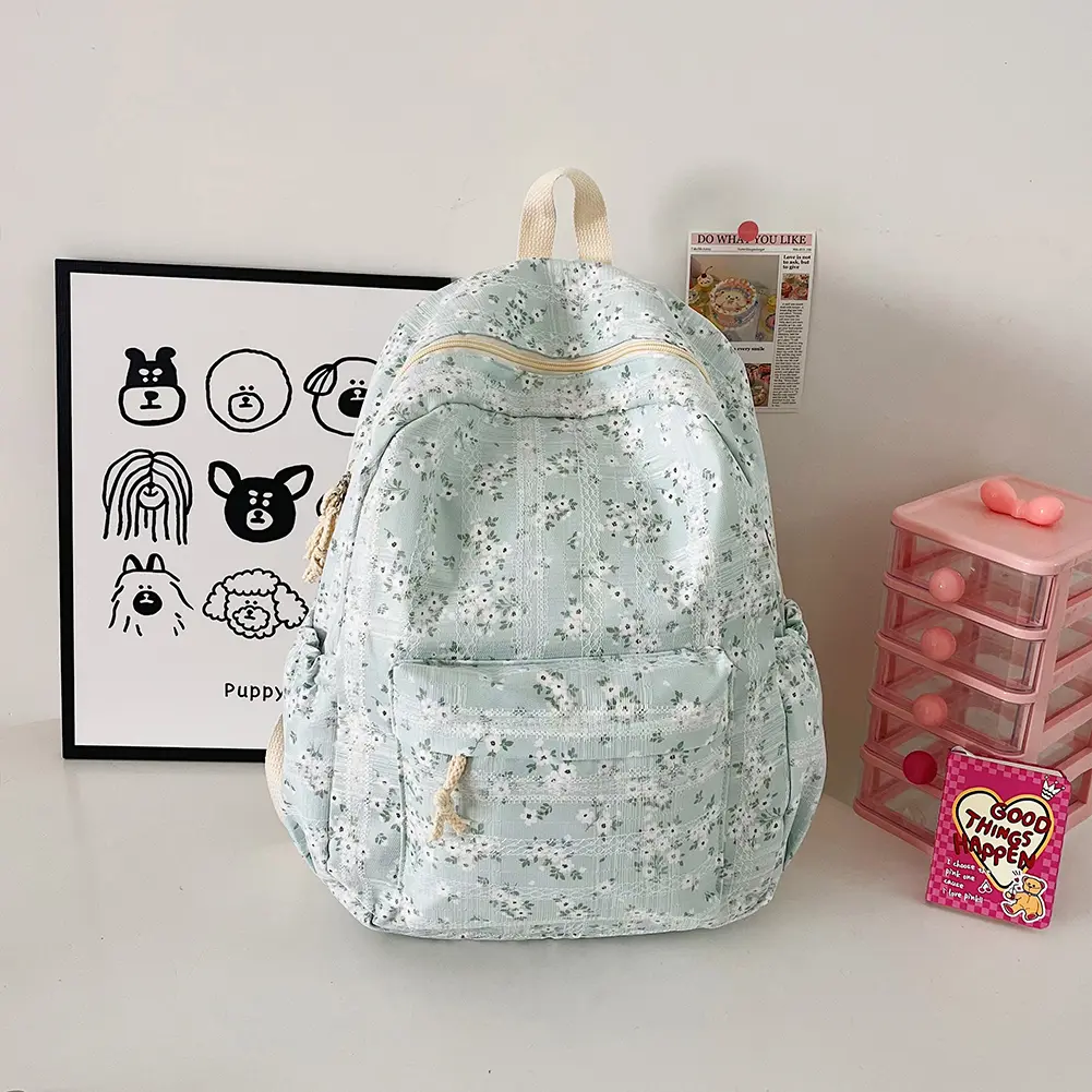 Women Laptop Lace Backpack Wear Resist Casual Flower School Bag Nylon Floral Print Double Shoulder Bag Outdoor Picnic Rucksack