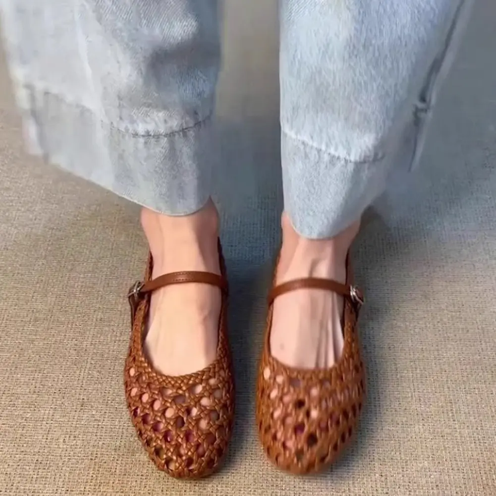 Lady Shallow Hollow Out Flat Sandals Handmade Woven Mary Jane Single Shoes Summer Mesh Leather Slip-On Shoes Roman Style Flats