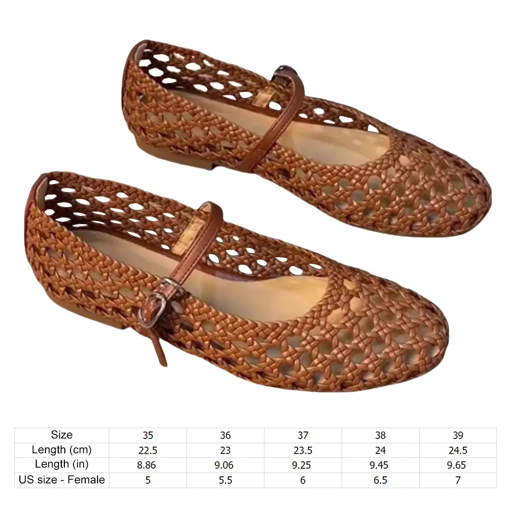 Lady Shallow Hollow Out Flat Sandals Handmade Woven Mary Jane Single Shoes Summer Mesh Leather Slip-On Shoes Roman Style Flats