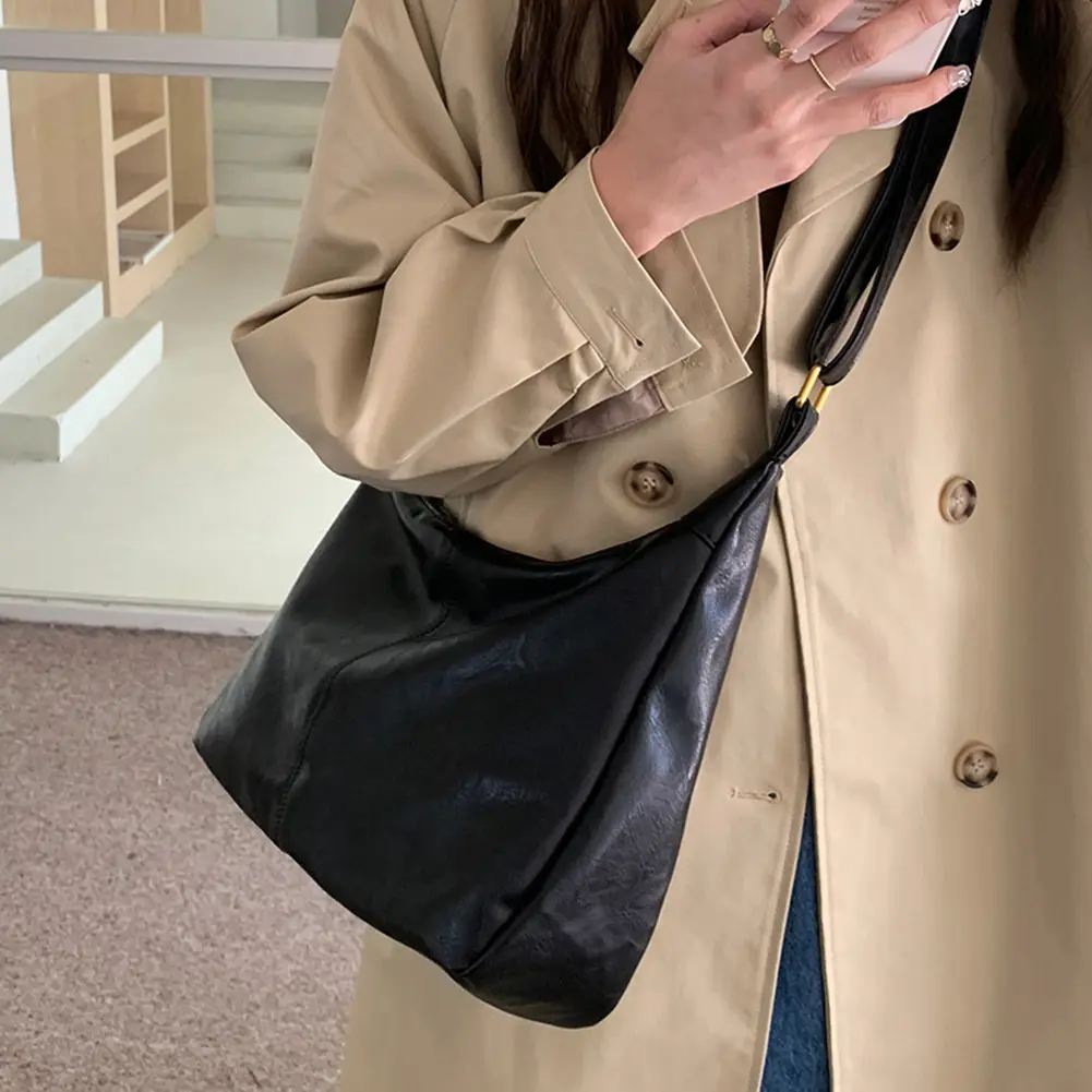 Women Shoulder Bag PU Leather Tote Bag with Interior Pockets Adjustable Strap Casual Crossbody Bag Zipper Retro Hobo Handbag
