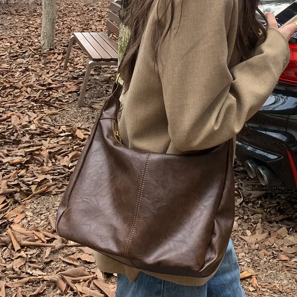 Women Shoulder Bag PU Leather Tote Bag with Interior Pockets Adjustable Strap Casual Crossbody Bag Zipper Retro Hobo Handbag