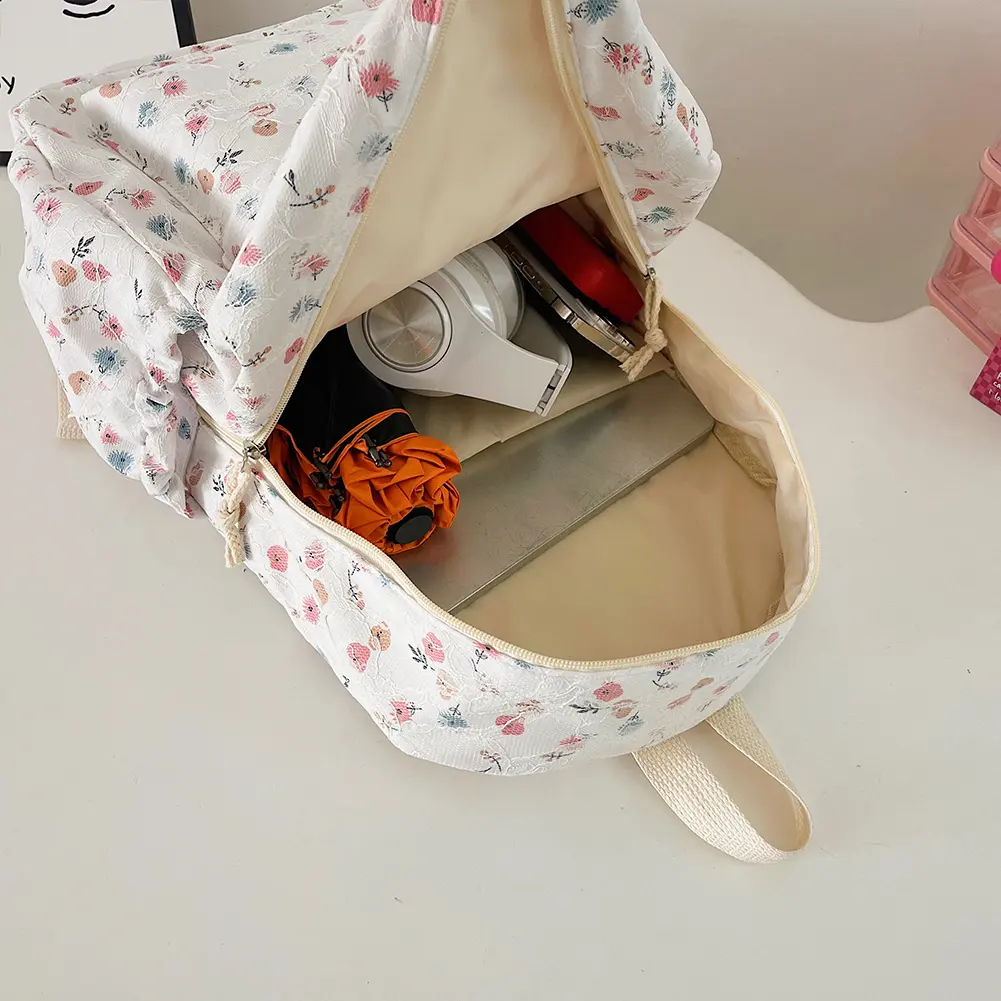 Women Laptop Lace Backpack Wear Resist Casual Flower School Bag Nylon Floral Print Double Shoulder Bag Outdoor Picnic Rucksack