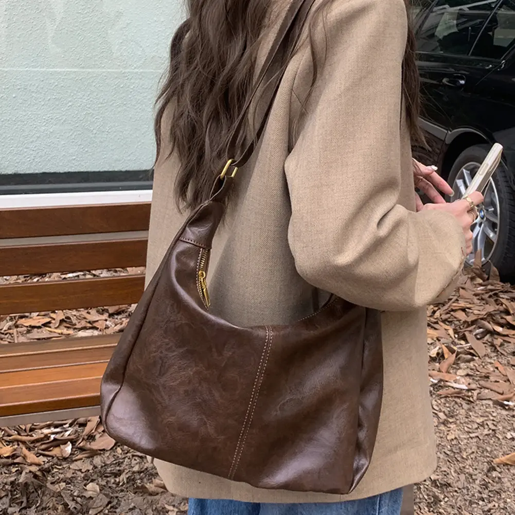 Women Shoulder Bag PU Leather Tote Bag with Interior Pockets Adjustable Strap Casual Crossbody Bag Zipper Retro Hobo Handbag