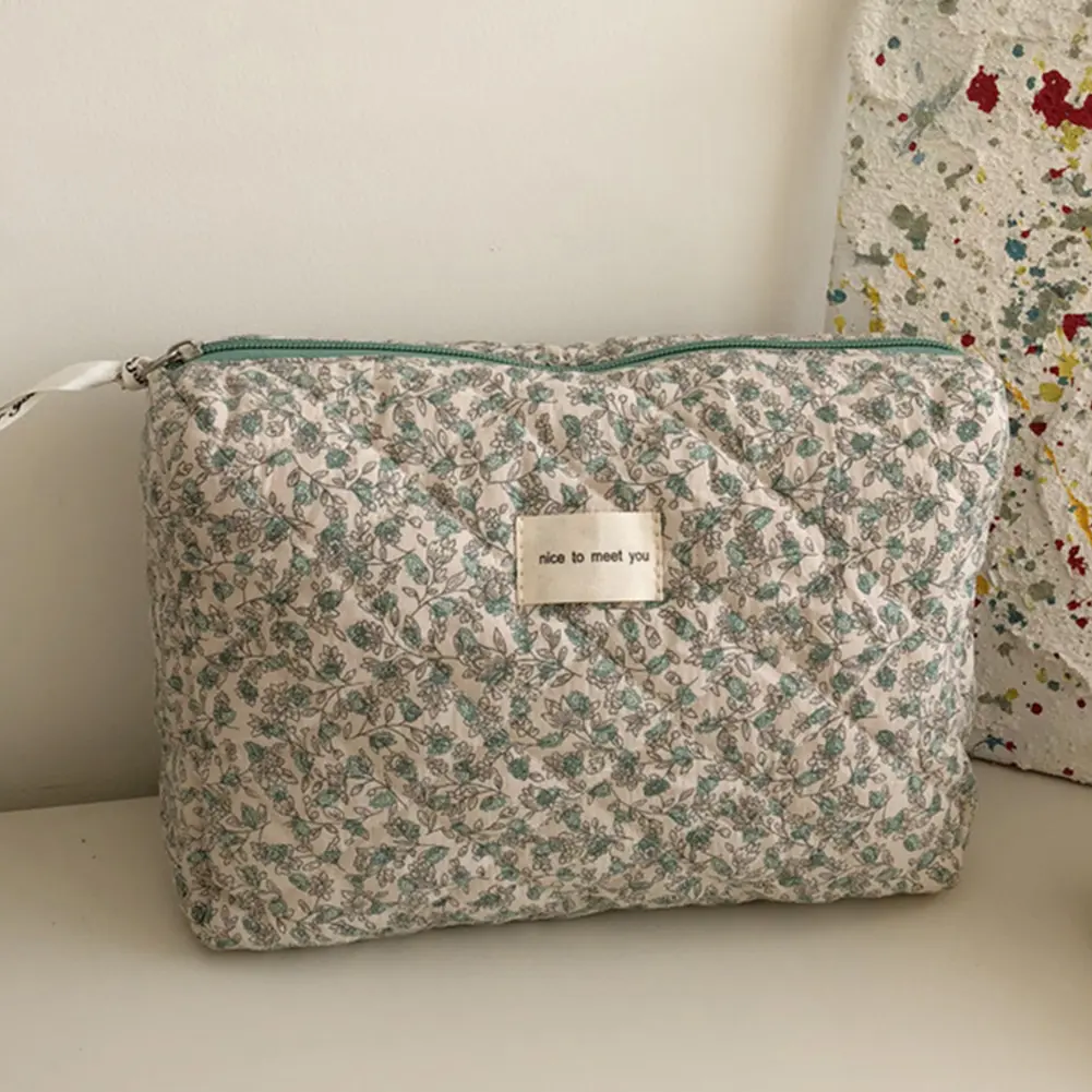 Aesthetic Ladies Cosmetic Bag Flower Prints French Storage Bag Soft Cotton Women Travel Toiletry Bag Large Capacity Makeup Pouch