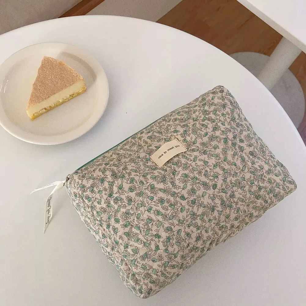 Aesthetic Ladies Cosmetic Bag Flower Prints French Storage Bag Soft Cotton Women Travel Toiletry Bag Large Capacity Makeup Pouch