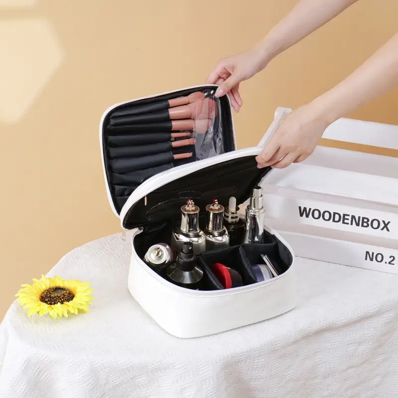 Waterproof Cosmetic Case PU Leather Layered Makeup Bag Travel Large Capacity Bath Wash Storage Pockets Portable Toiletry Handbag
