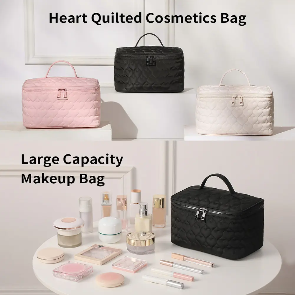 Love Quilted Portable Make Up Bags with Zipper Skincare Brush Organizer Pouches Large Makeup Toiletry Bags Women Cosmetic Bag